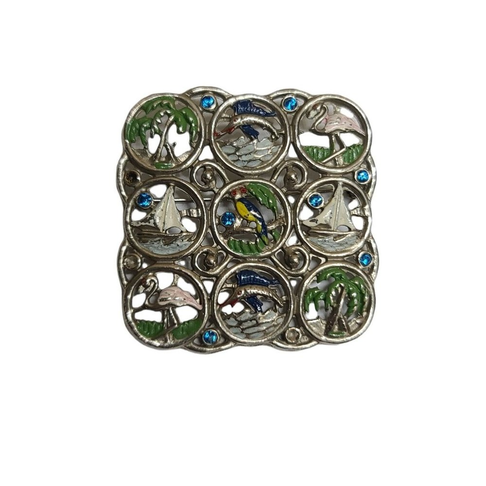 Brooch Silver Tone Sailboat Flamingo Parrot Missing Stones